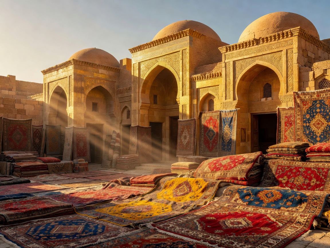 Beautiful golden market structures with ancient carpet layers displaying rich aesthetic detail