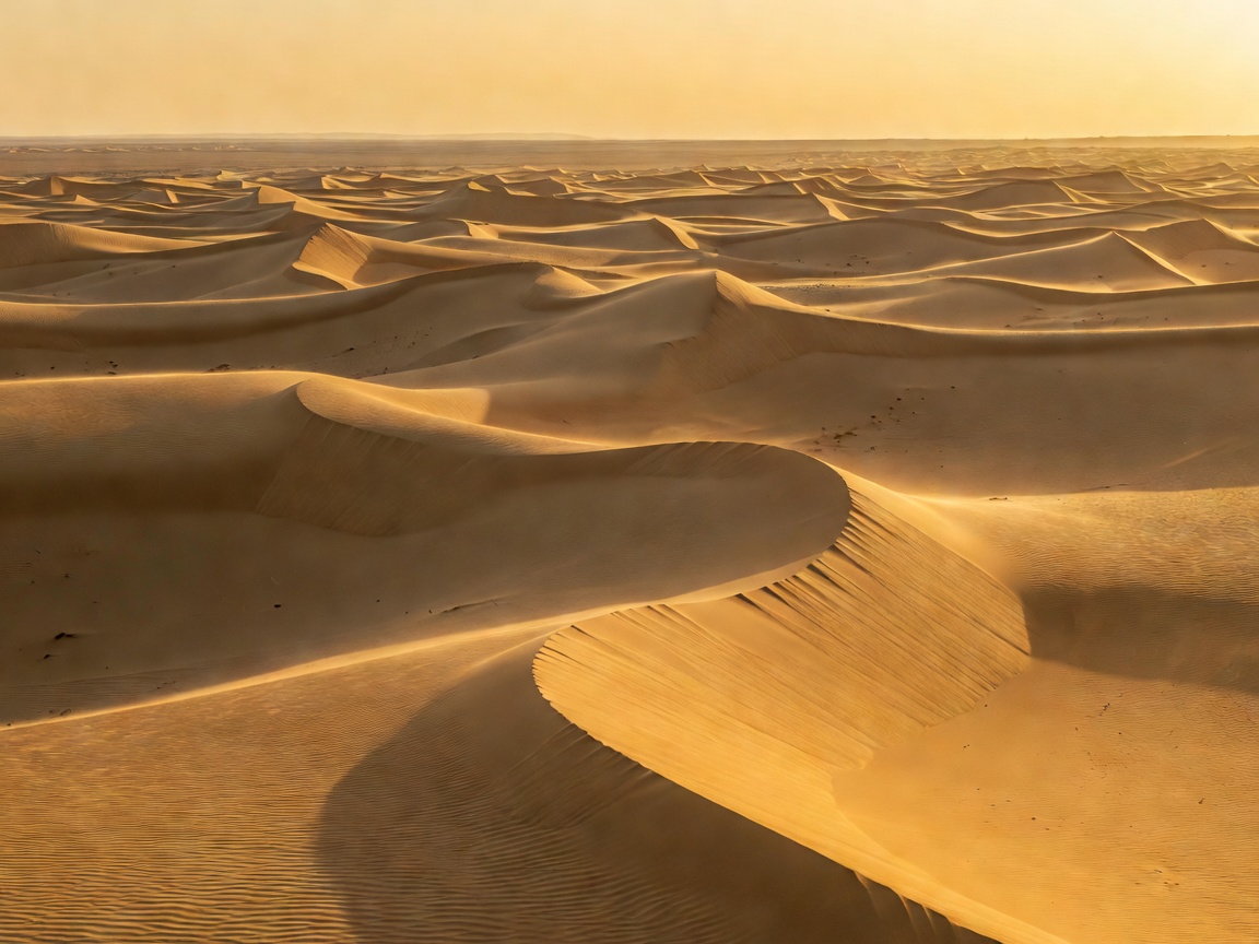 Beautiful sunlit sand dunes stretching out under an exotic desert horizon line with soft golden details