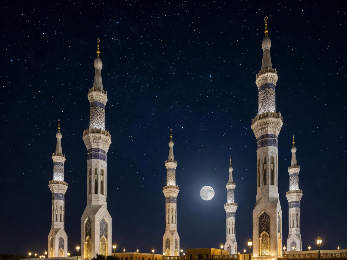 Exquisite architectural structures showing high minarets against beautiful night skies