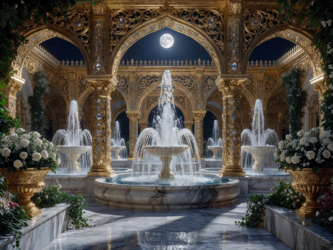 Exquisite intricate royal golden archways framing luxury water fountains inside a moonlit courtyard