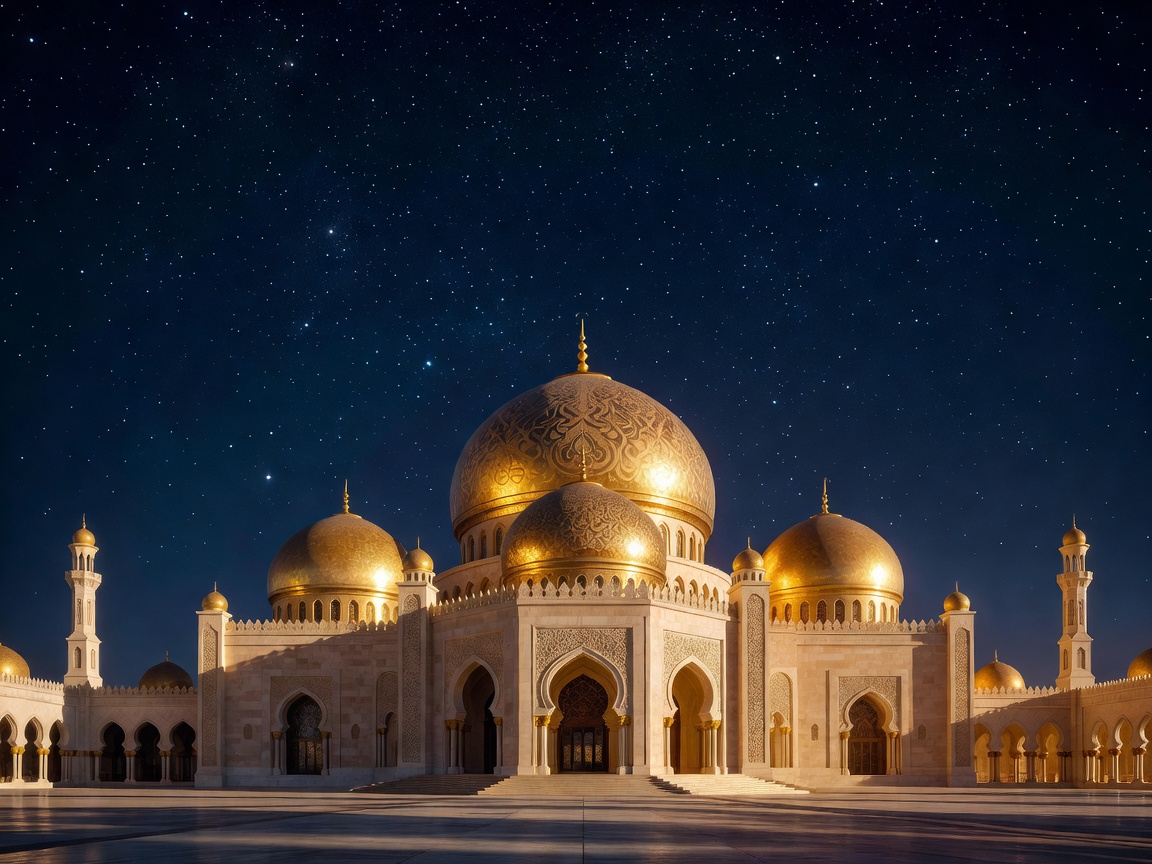 Majestic glowing golden domes of an Arabian palace under a deep indigo starry sky