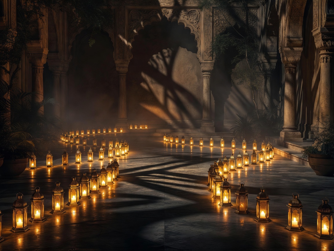 The central courtyard with glowing paths of luxury amber lanterns and dark dynamic shadows